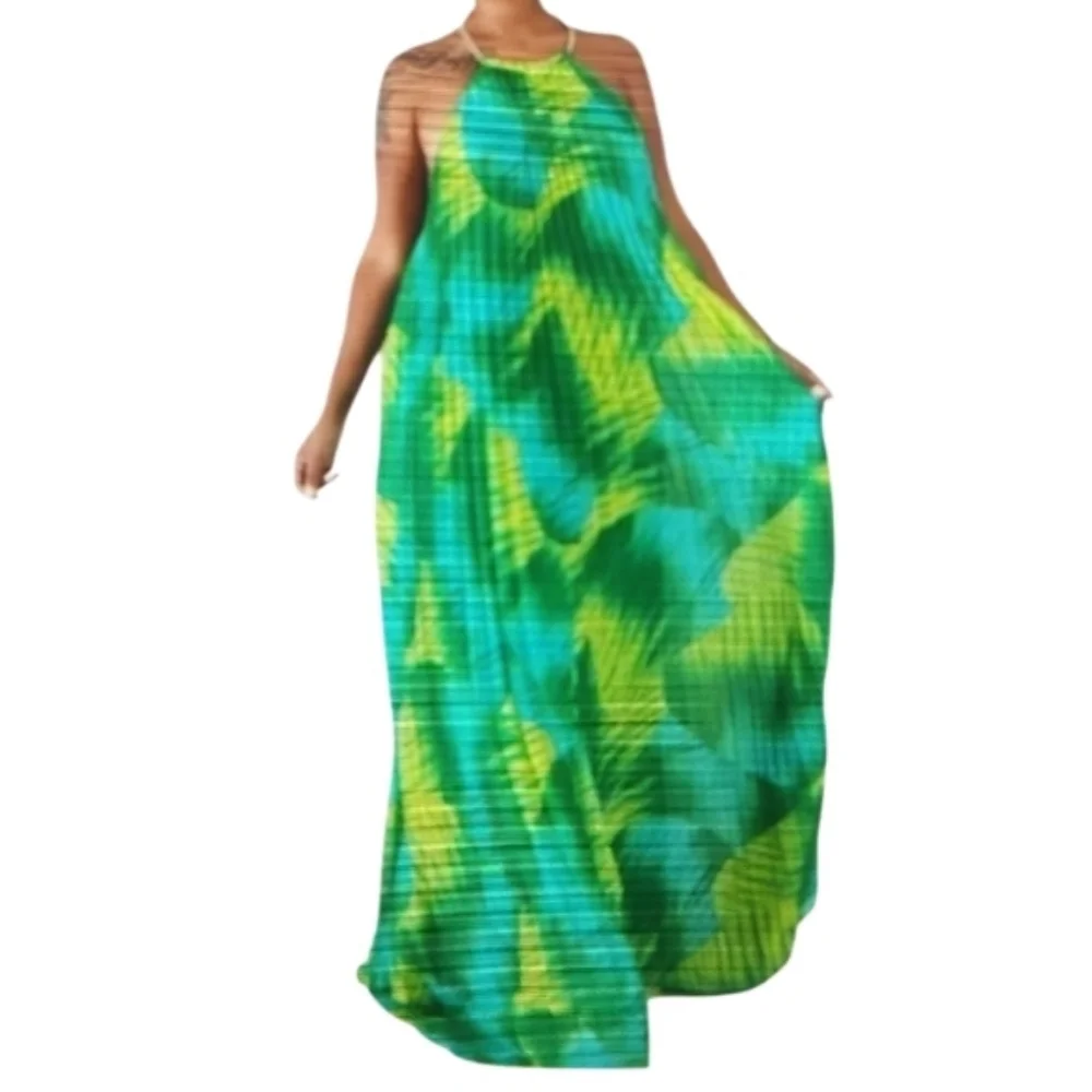 Tropical Leaf Print Maxi Halter Dress Sz 1X Nwt - Picture 2 of 5